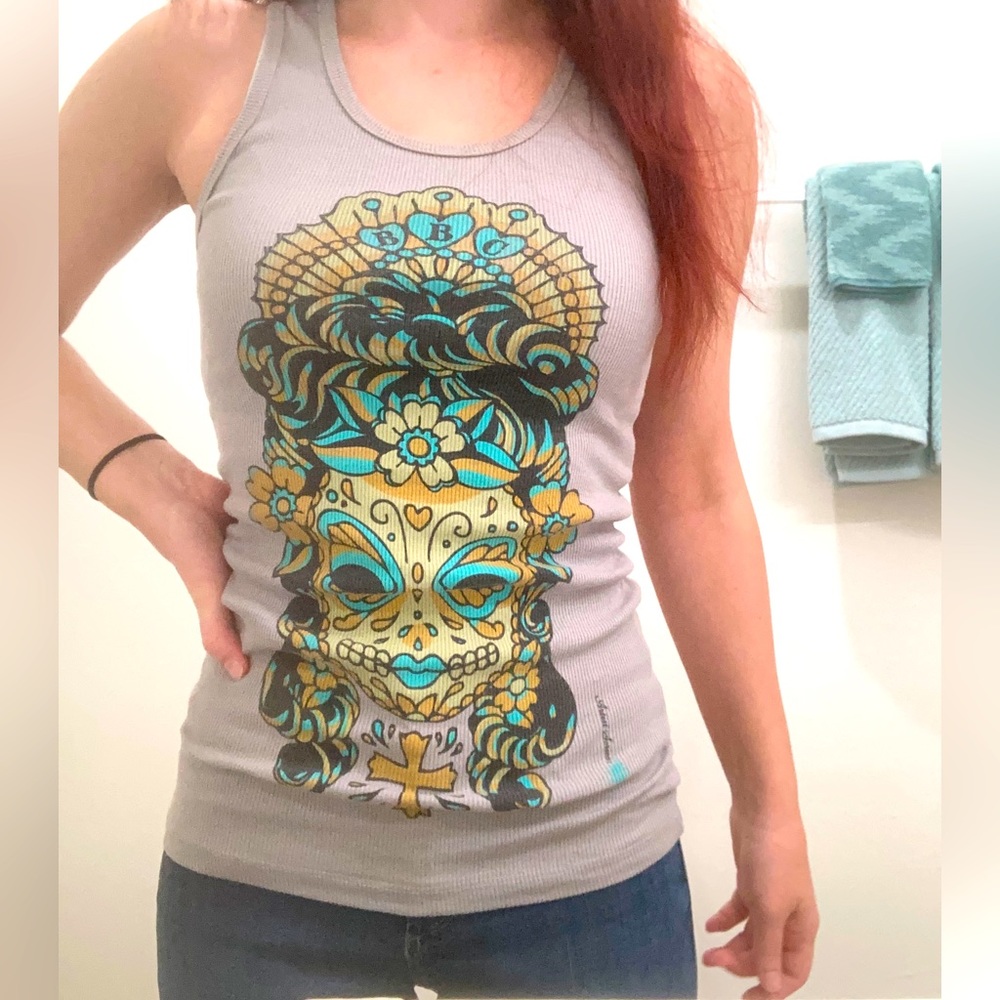 Day of the Dead Tank from Big Belly Crew XS Fitted Motorcycle Tank Womens